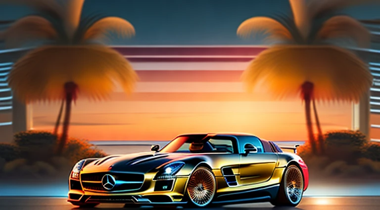 "voiture mercedes sls en or, palmiers, ocean drive, coucher de soleil, Environnement cyberpunk, Halfway through the journey, Art vectoriel vibrant, Hydro74"