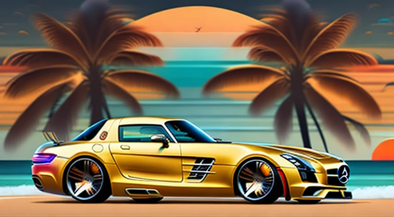 "voiture mercedes sls en or, palmiers, ocean drive, coucher de soleil, Environnement cyberpunk, Halfway through the journey, Art vectoriel vibrant, Hydro74"