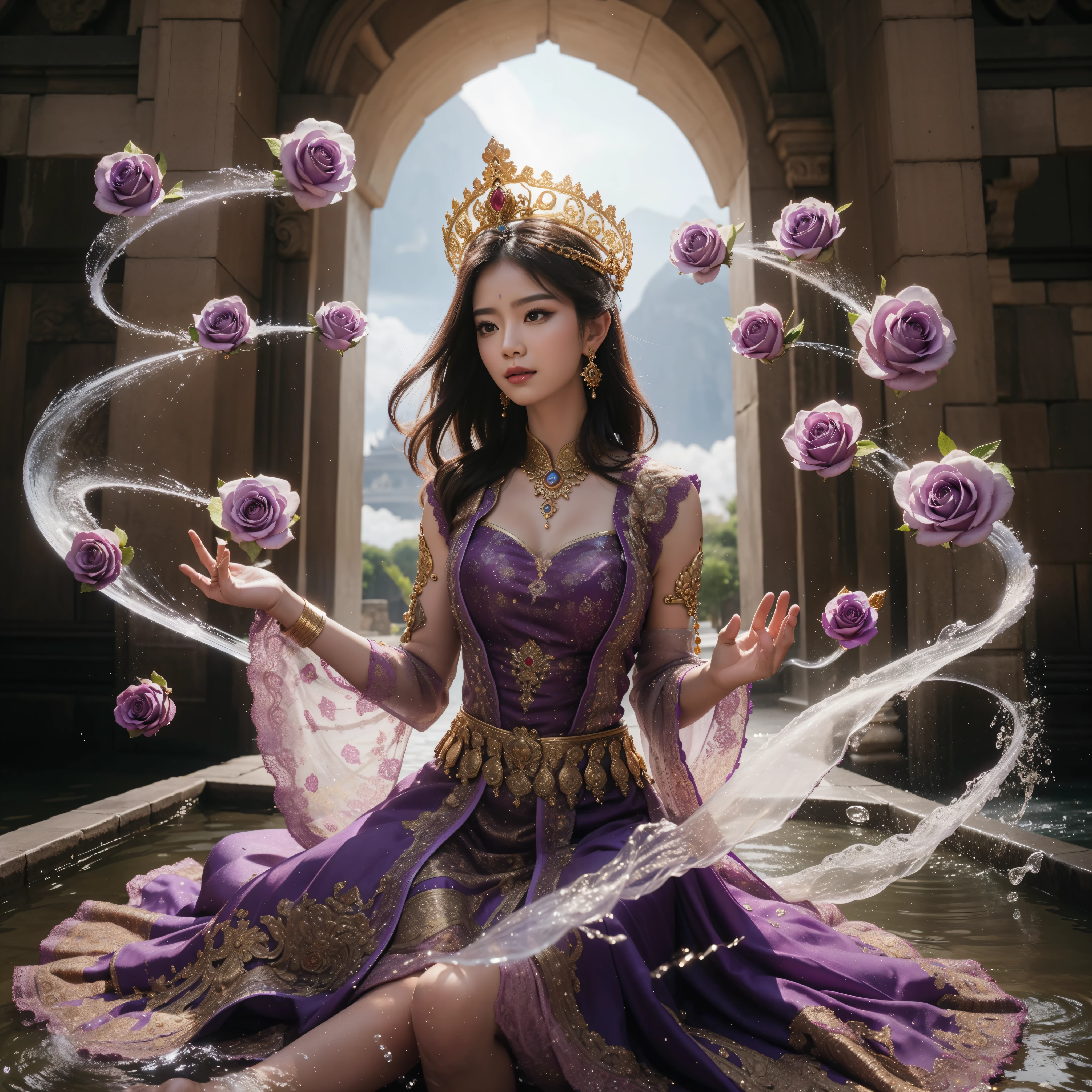 realistic photo, beautiful girl in purple traditional Indonesian dress with gold crown in front of ancient gate while sitting dancing, floating water and roses moving in the air rotating above her body, lightning effect, comparable body, photo, high quality, very detailed, full body shot, realistic height, face focus
