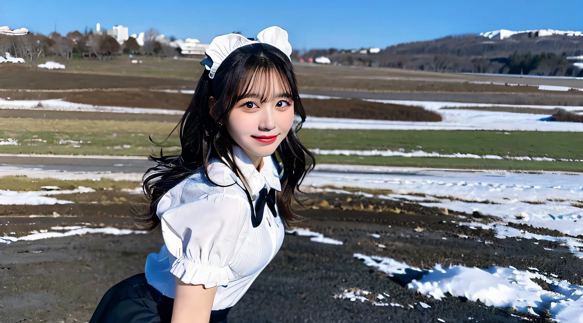 Cute waitress 18 years old wearing a black miniskirt、Snowy landscape in the background