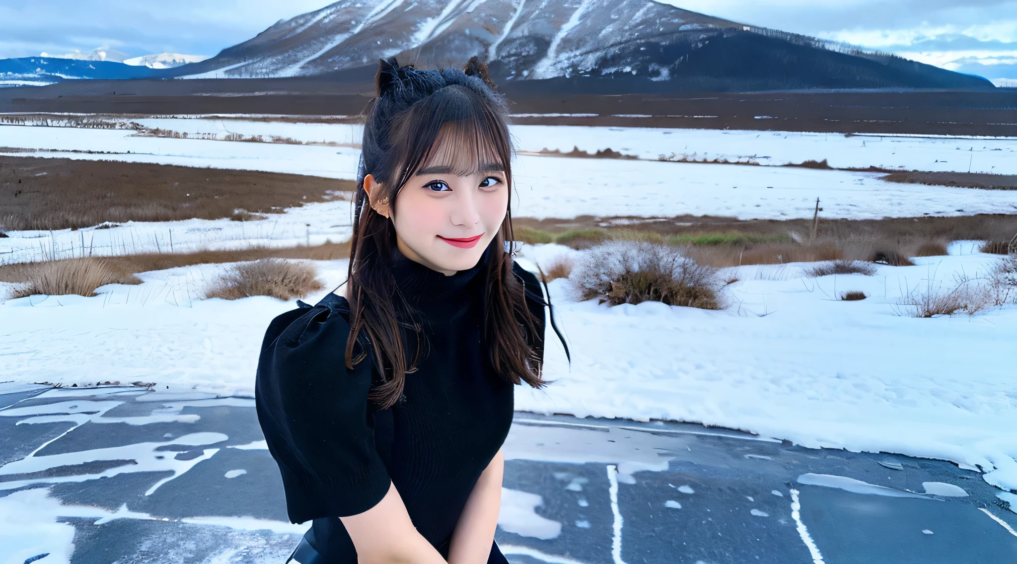 Cute waitress 18 years old wearing a black miniskirt、Snowy landscape in the background