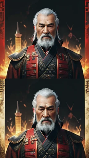 oriental、Old man wearing ancient Chinese armor、old man with ancient chinese hairstyle、three kingdom、multiple warlords、top-quality、​masterpiece、超A high resolution、(Photorealsitic:1.4)、Game Posters、