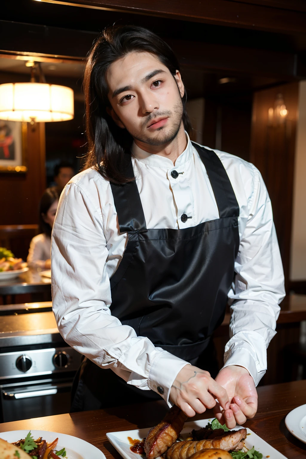 ((Best quality at best)), ((tmasterpiece)), (Detailed pubic hair), Handsome guy wearing long sleeves，In the restaurant，Lamb barbecue ingredients