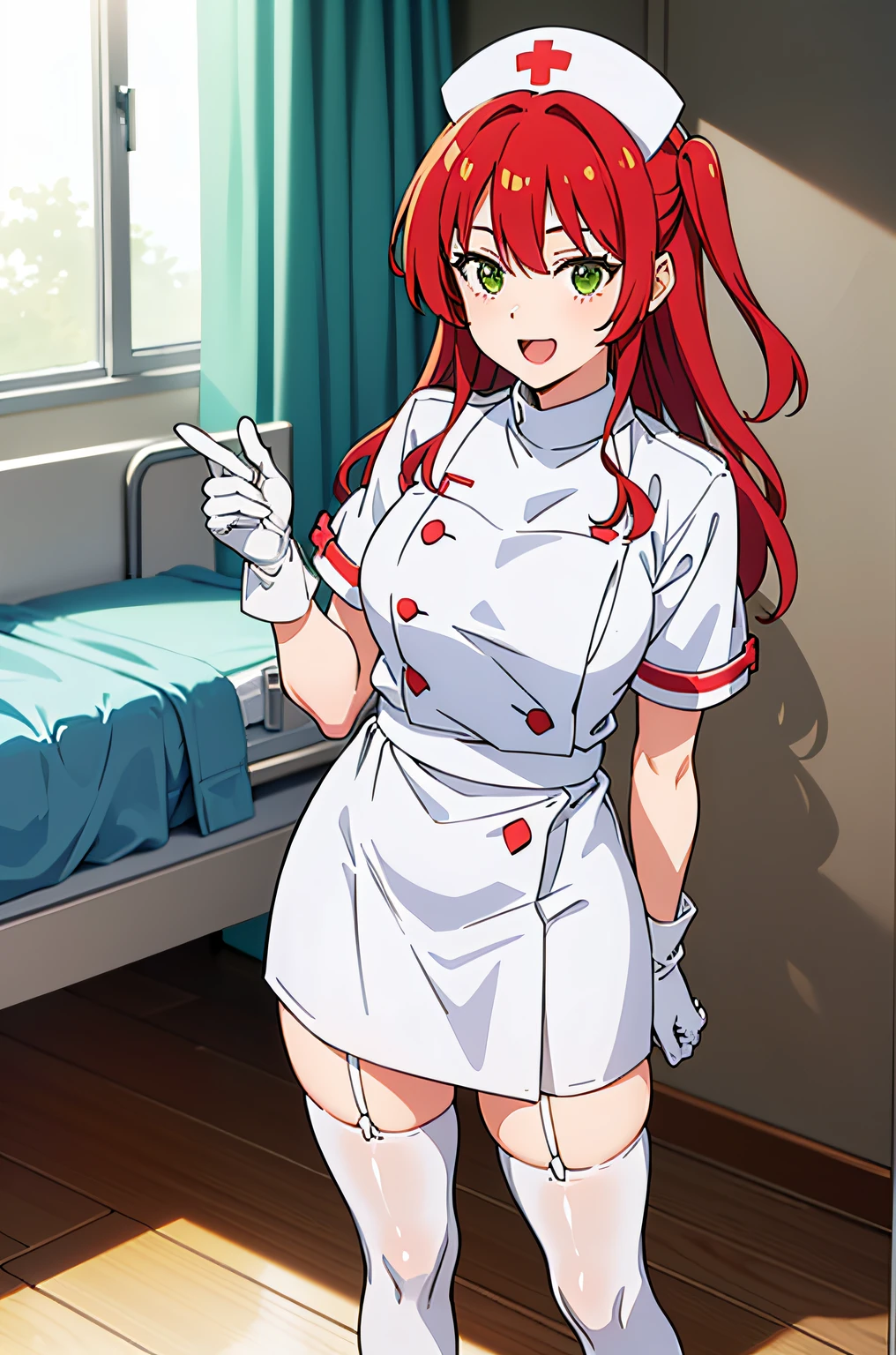 kita ikuyo, one side up, red hair, green eyes, solo, nurse, ((white nurse cap, white nurse's outfit)), ((white legwear, zettai ryouiki)), white gloves, smile, open mouth, standing, hospital room, sharp outline, short sleeves, best quality, masterpiece