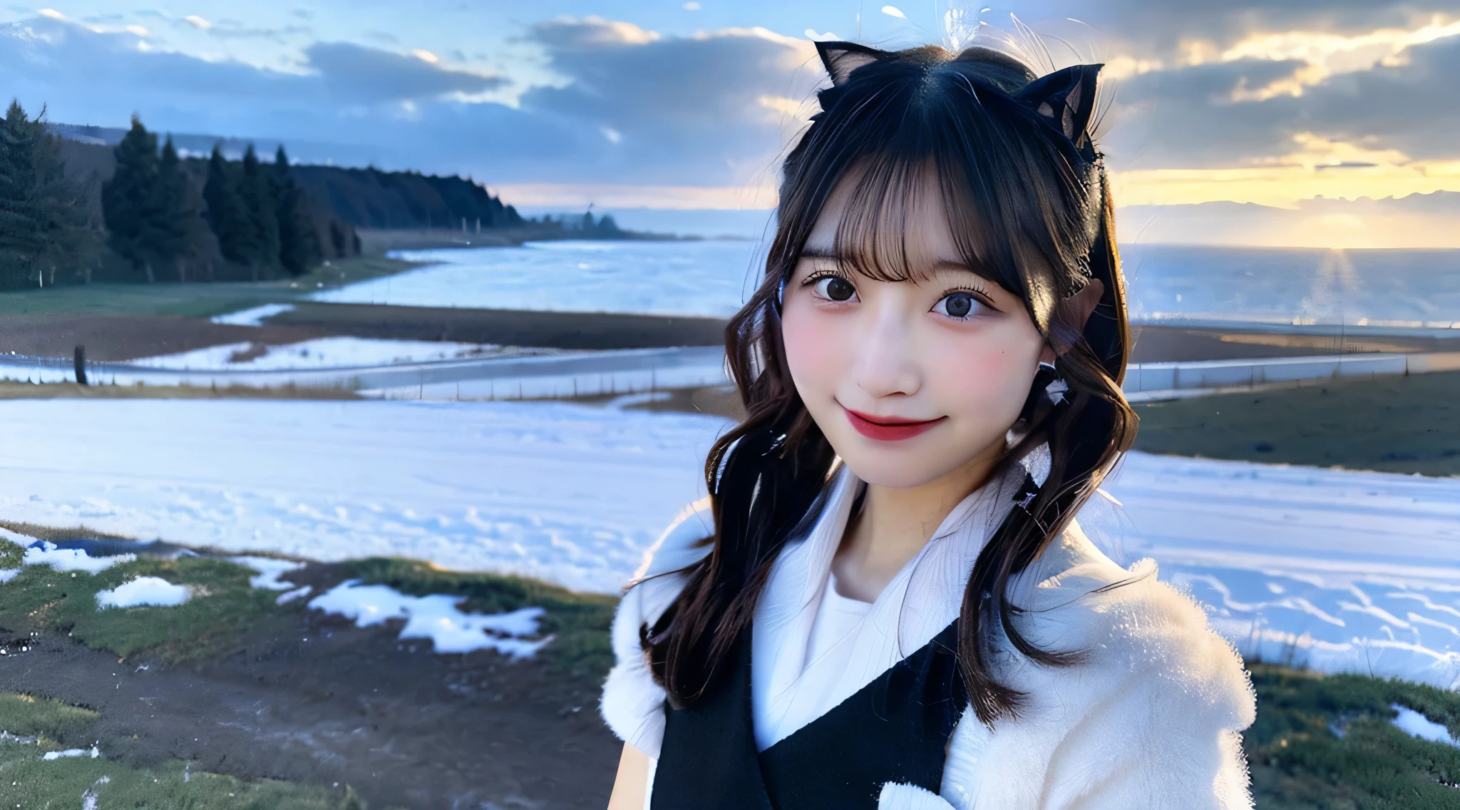 Cute waitress 18 years old wearing a black miniskirt、Snowy landscape in the background