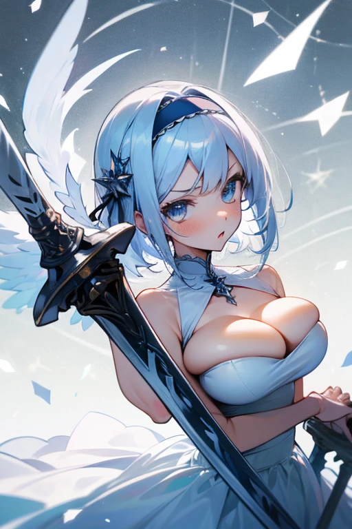 masterpiece, best quality, highres, ddnina, silver hair, short hair, swept bangs, hairband, blue eyes, angel wings, white wings, wedding dress, white dress, sleeveless, garden, standing, confetti, angry face, pout face, holding sword, upper body, jewelry, cute breasts, thighs,