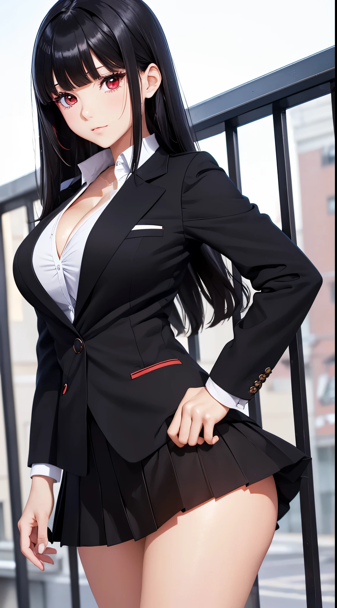 ((Best Quality)), ((masutepiece)), (Detailed), (highlight), Perfect face　Young girl with detailed face showing cleavage、Red eyes and long, thick, glossy, beautiful black hair with blunt bangs、Single-color background、Standing wearing school uniform with blazer and miniskirt、