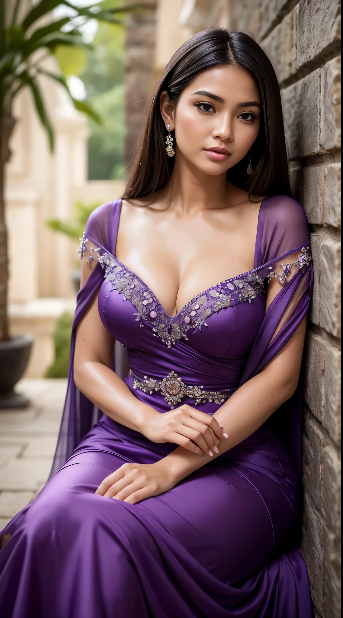 ( Close Up),RAW, Best quality, high resolution, Masterpiece: 1.3), Beautiful Malay woman, Masterpiece, Perfect body, Beautiful big eyes, watery eyes, Soft smile, wet lips, big breast, beutifull face,woman in a purple dress sitting against a wall, modest flowing gown, elegant dress, flowing gown, elegant evening gowns!, beautiful gown, soft elegant gown, beautiful flowing fabric, beautiful detailed dress, gown, detailed dress, purple dress, elegant fabric, beautiful detailed elegant, full covered dress, detailed dress and face, long dress female, beautiful and elegant , garden plant, Excellent lighting, Bright colors, Clean lines