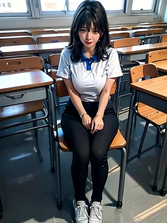 Best quality at best, tmasterpiece, 超高分辨率, realisticlying, The class is full of 13-year-old junior high school girls taking full body photos，Close-up of the crotch，Mushroom hairstyle，Black hair is folded by the light into a beautiful face，Symptoms of urgent urination，plump girl，Blue collar white pantyhose，The E cup sticks out tightly（），vacuum loading，（（Light blue yoga pants）），Cystocele，The shape is visible，slightly thicker thighs，Cross your legs tightly，（（（Schools force girls to abstain from 2400ml of urine for 24 hours））），Sit obediently on the chair in the classroom