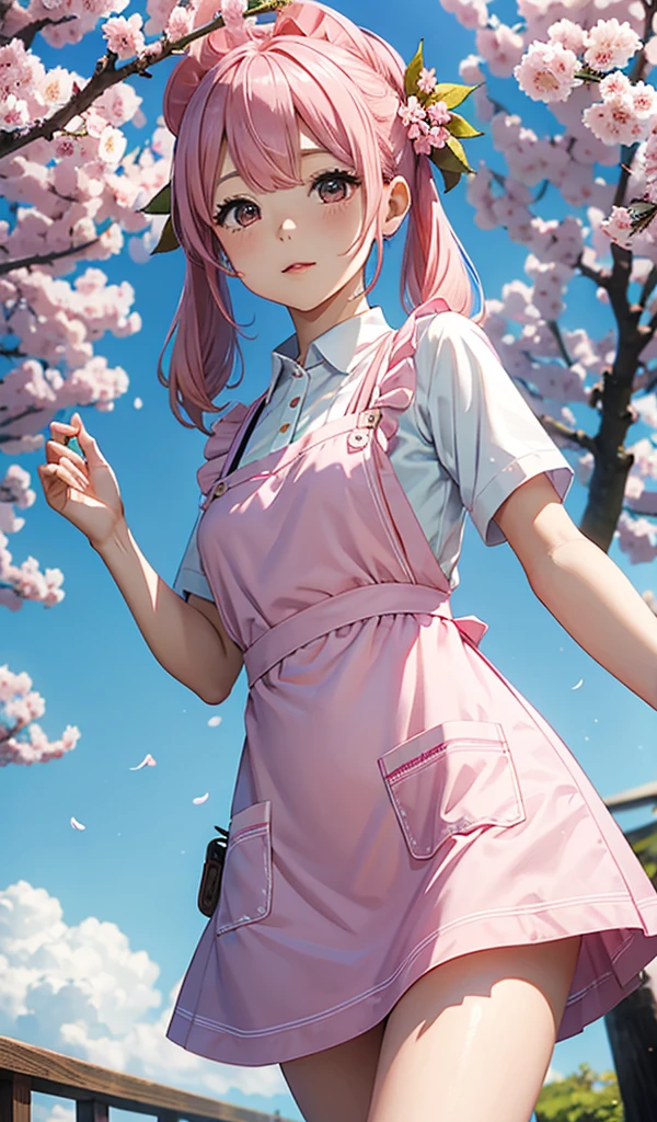 springtime、cherry trees、small tits、Twin-tailed、Pink hair、A sexy、Apron Dresses