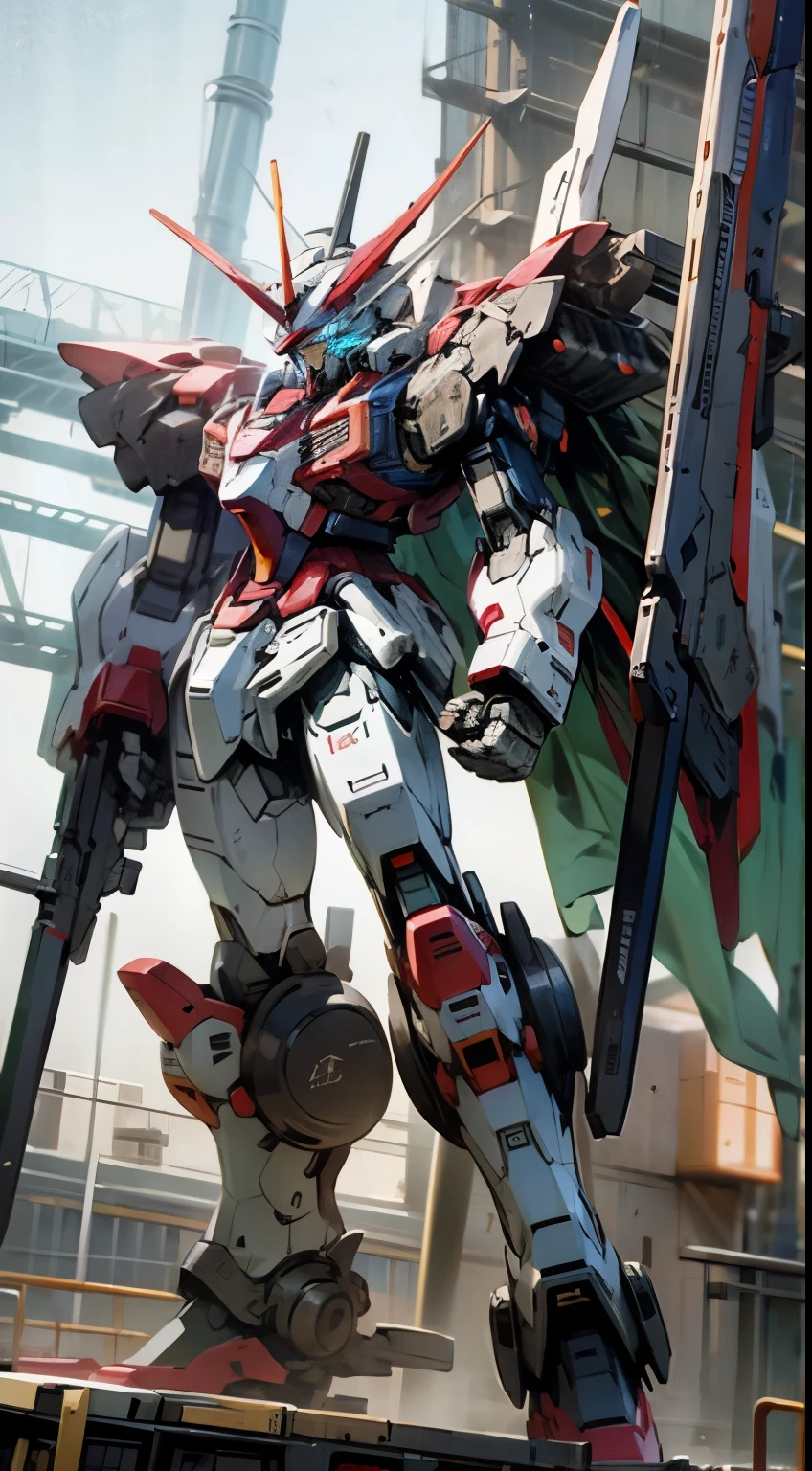 1 large robot、Gundam、Blue eyes、All red mobile suit、Hold a beam rifle in both hands、Equipped with railguns on both hips、fusillade