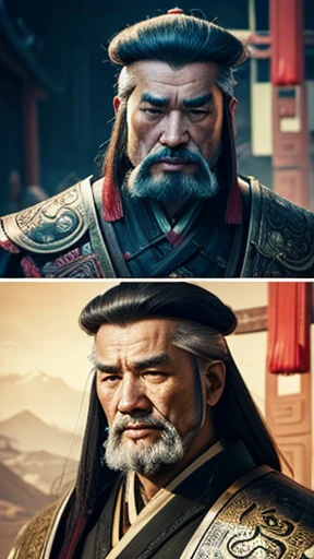 oriental、Old man wearing ancient Chinese armor、old man with ancient chinese hairstyle、three kingdom、multiple warlords、top-quality、​masterpiece、超A high resolution、(Photorealsitic:1.4)、Game Posters、