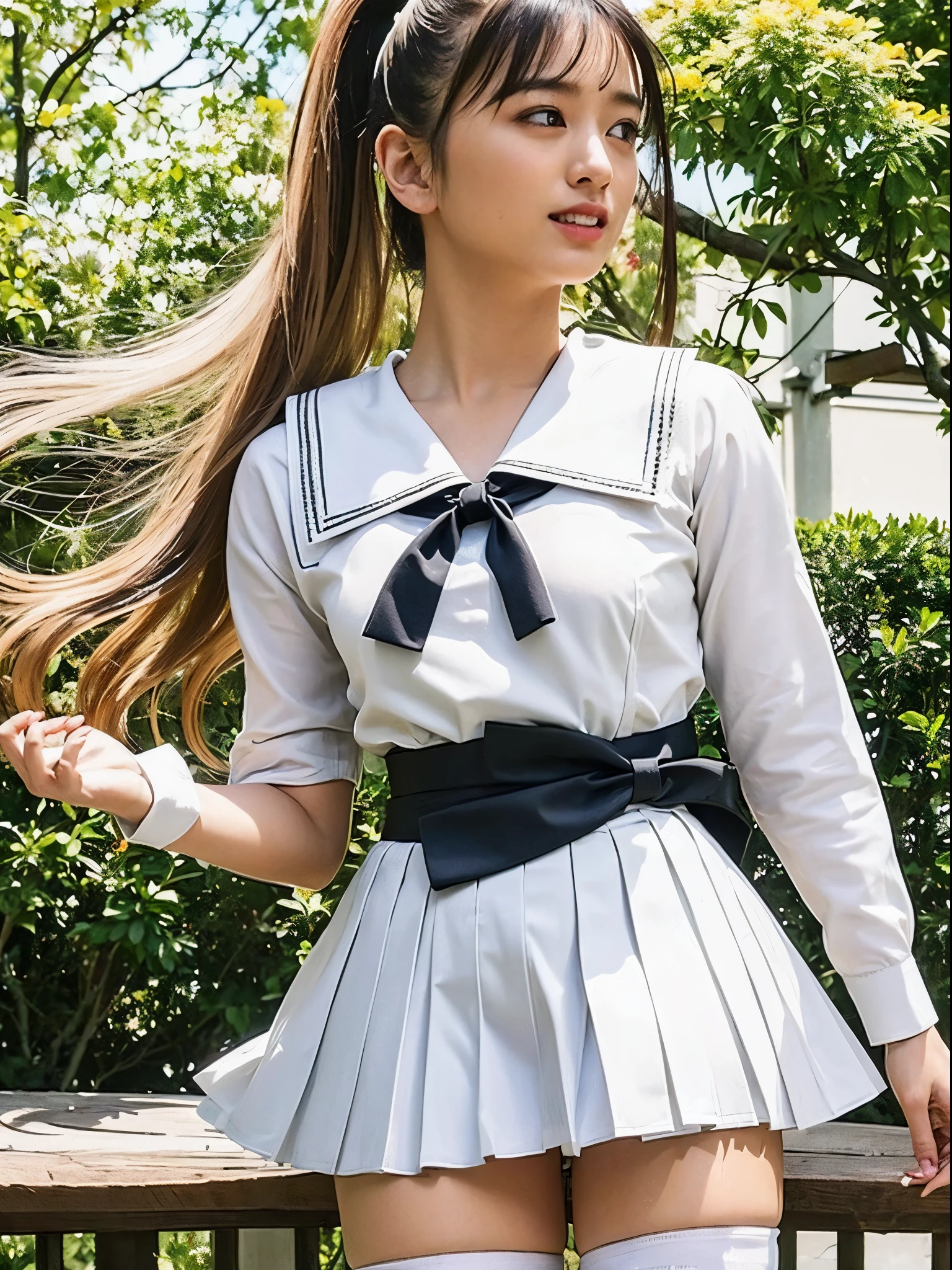 Best Quality, 超A high resolution, (Photorealistic:1.4),  Picture,
(1 japanese girl), High  Girl, Idol,
((Ponytail)), White hair ribbon, Hair Bang, Floating hair, 
Big eyes, lightsmile, 
Sailor Uniform, (((Sailor collar))), Black tie, White shirt, Short sleeves, Black skirt, Pleated skirt, Floating skirt, Black Thigh High Socks,
Garden background, Sunlight, Wind,