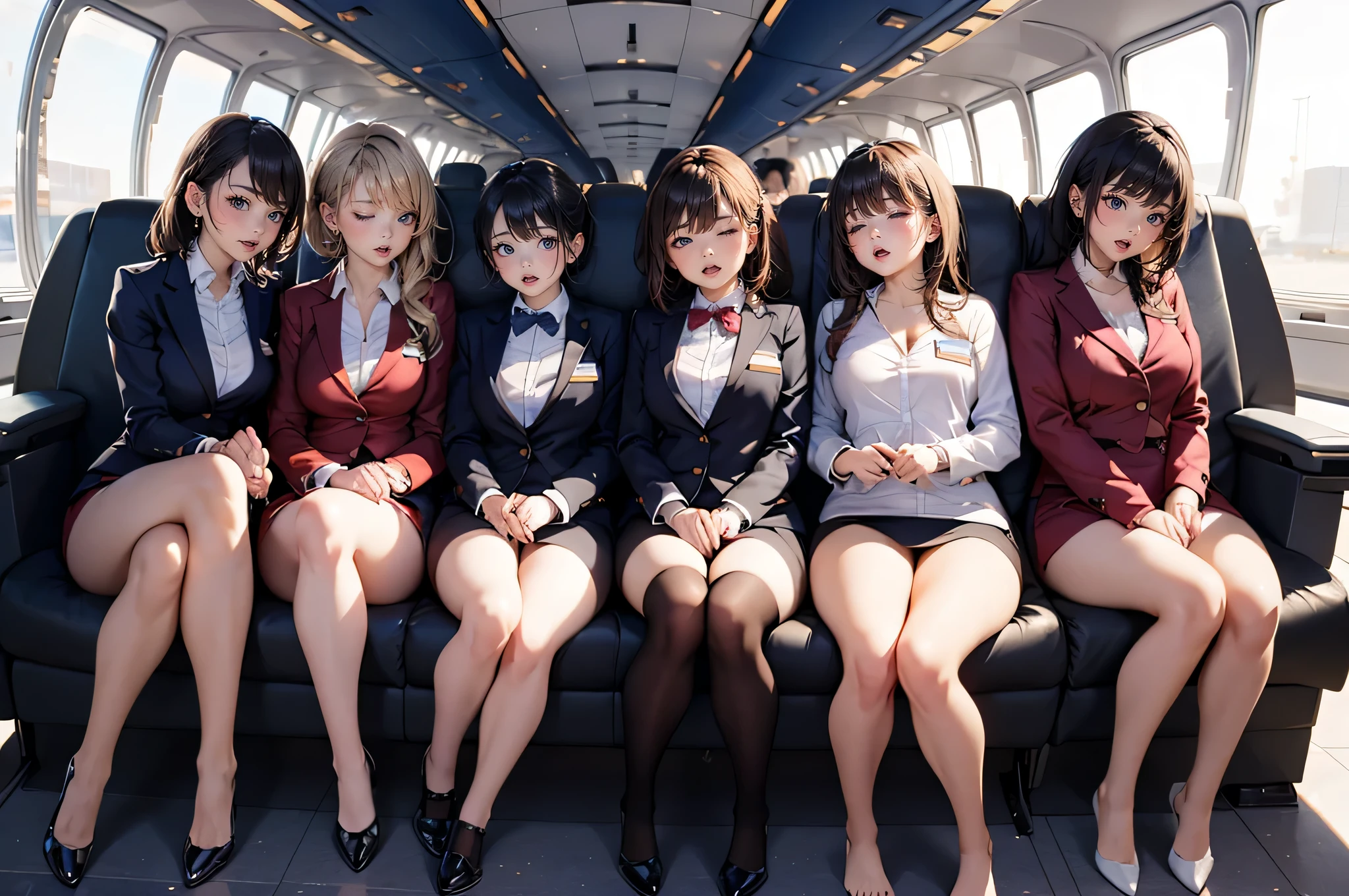 (((Winter clothes of flight attendants))), Highest dignity, charismatic, ((five women are showing off their panties)), (drooping eyes), ((sleepy)), Archaic beauty, hair up, thigh high stockings, name plate, ID card, (whole body), open thighs, raise leg, open mouth, background inside the plane,