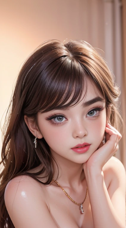 ((Detailed eyes)) ((detailed hair)), detailed skirt, detailed body, ((detailed face)) (top quality, 8k, masterpiece: 1.retty woman with perfect figure: 1.4, dark brown hair, big, wearing pendants, torn shorts, very detailed face and skin, detailed eyes, double eyelids, top quality, masterpiece, (photorealistic: 1.4), one woman, golden ratio, upper eye care, perfect face, beautiful figure, face close-up, long hair, gloss, highlight, gloss, glossy on skin, glossy on skin, wet skin, wet, bangs, cute smile, bust, off-shoulder, refreshing charm, elegant, perfect hands, shiny, highlight, glossy skin, bangs, bust, big, Warm off-shoulder, refreshing charm, ears out, gaze to the camera, poses at different angleshttps,(((Flawless Skin, Blushing Red Cheeks, Glitter Eyes and Aegyo Sal, Natural eyebrows, Curled eyelashes and thin eyeliner Blurred lips to look sexier))) ((((FULLNUDE)))) ((((climax)))) (small bust)