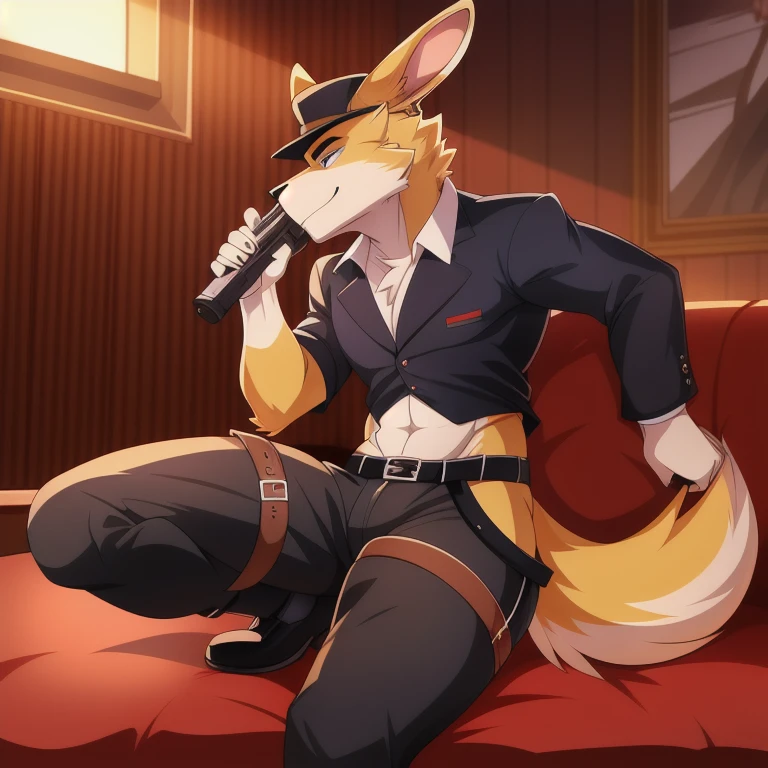 solo, male, rabbit, yellow colored fur, lean body, anthropomorphic rabbit, mafia outfit, mafia boss goon, holding Thompson gun