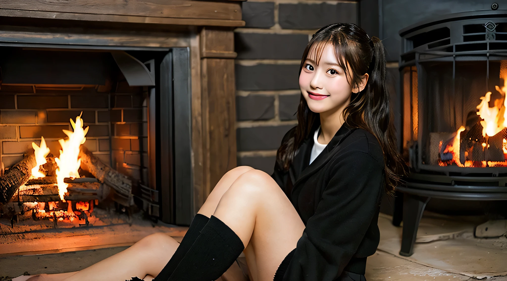 Cute high school girl, 18 years old, Wearing a black miniskirt、In the background is a fireplace with a roaring flame