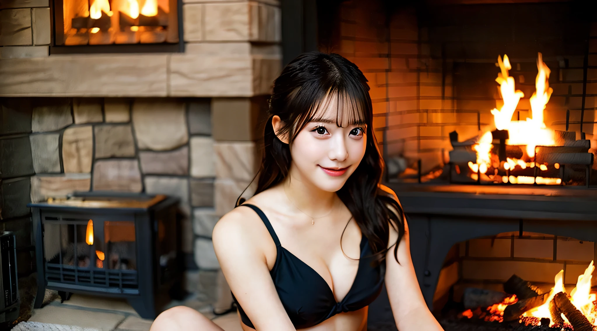 Cute college girl 18 years old in black bikini、In the background is a fireplace with a roaring flame