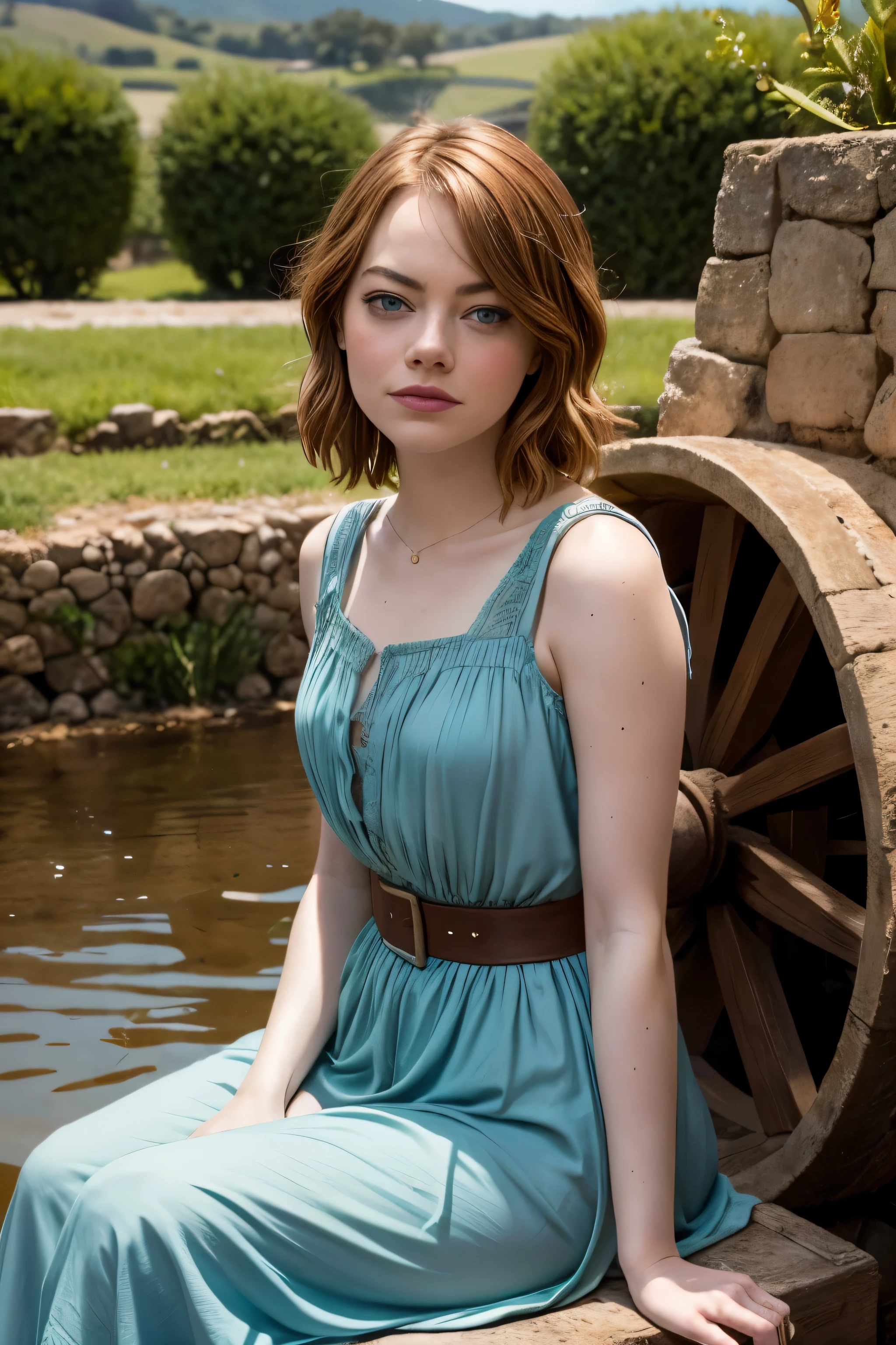 Emma Stone,Medieval period,campos de trigo, simples atrai, Sitting on a water wheel, cena de filme apaixonada e  descobrindo sua inocencia ,e pureza ,