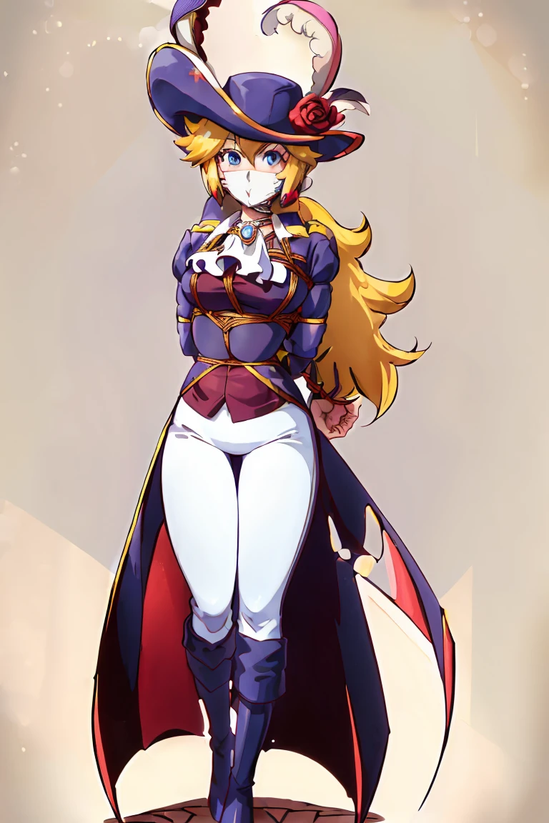 ((masterpiece,best quality)), absurdres, Swordfighter_Peach, solo, 1girl, hat, blonde hair, blue eyes, jewelry, earrings, long hair, rapier, hat feather, pants, ascot, red rose, hat flower, ponytail, tight white pants, white gloves, boots, blue jacket, long sleeves, smiling, looking at viewer, cowboy shot,  cinematic composition, (shibari, arms behind back:1.6), (full mask gag), (full body view, full body shot, standing)