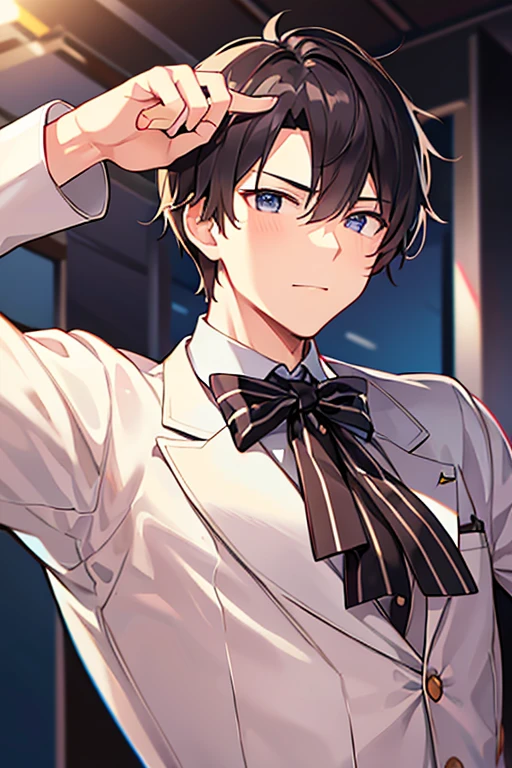 male people、28 year old、manly、Have muscles、businessman、s Office、suits、up of face、neat face、ignore、Raise hair、The upper part of the body、Bow、hang down your neck