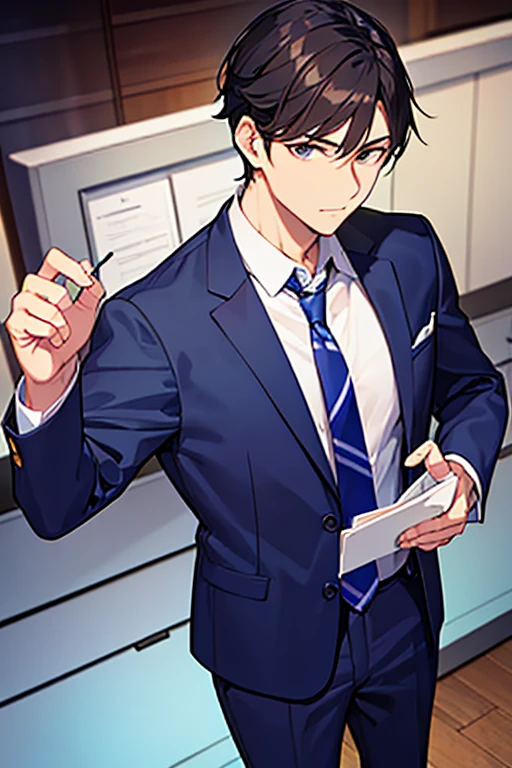 male people、28 year old、manly、Have muscles、businessman、s Office、suits、up of face、neat face、ignore、Raise hair、The upper part of the body、Bow、hang down your neck