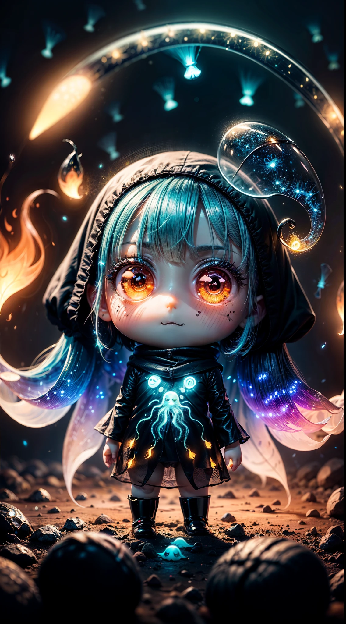 A (((lonely bioluminiscent transparent black ghost chibi))), emitting a soft glow like a friendly specter, interwoven with (((vividly colored fireflies))), all around a fantastical backdrop of an intricate (8K, HD) anime-style patterns and details