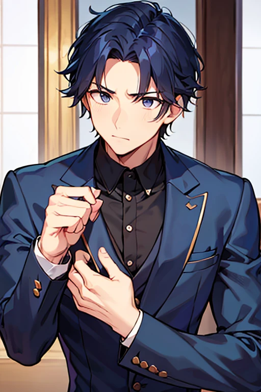 male people、28 year old、manly、Have muscles、a room、suits、up of face、neat face、ignore、Raise hair、The upper part of the body、Awake