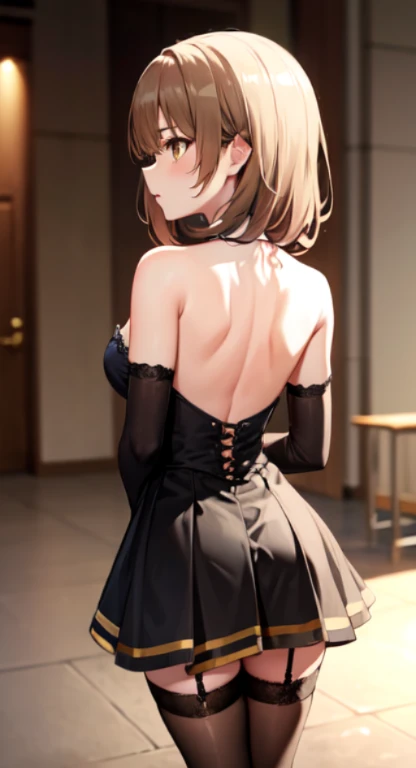 Isshiki Roha,Long Straight, brown haired,Best Quality, High resolution, Unity 8k壁纸, (Illustration:0.8), (Beautiful detailed eyes:1.6), extra detailed face, Perfect Lighting, extremely details CG, (Perfect hands, Perfect Anatomy), posture(oblique),Brown-eyed, Yellow miniskirt dress with visible back,Black garter belt,Black tights,pin heels,stage