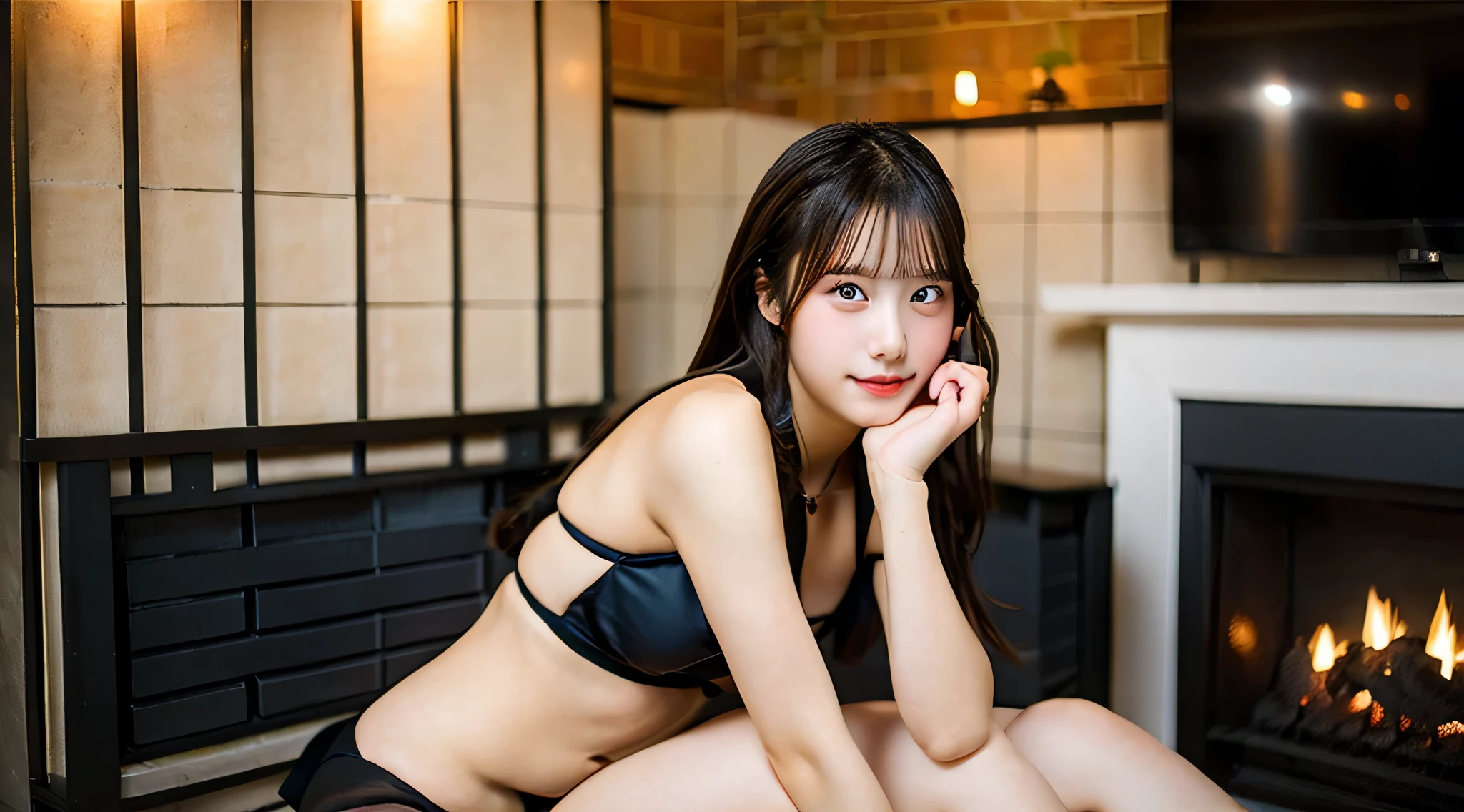 Cute high school girl, 18 years old, Wearing a black bikini、The background is a fireplace
