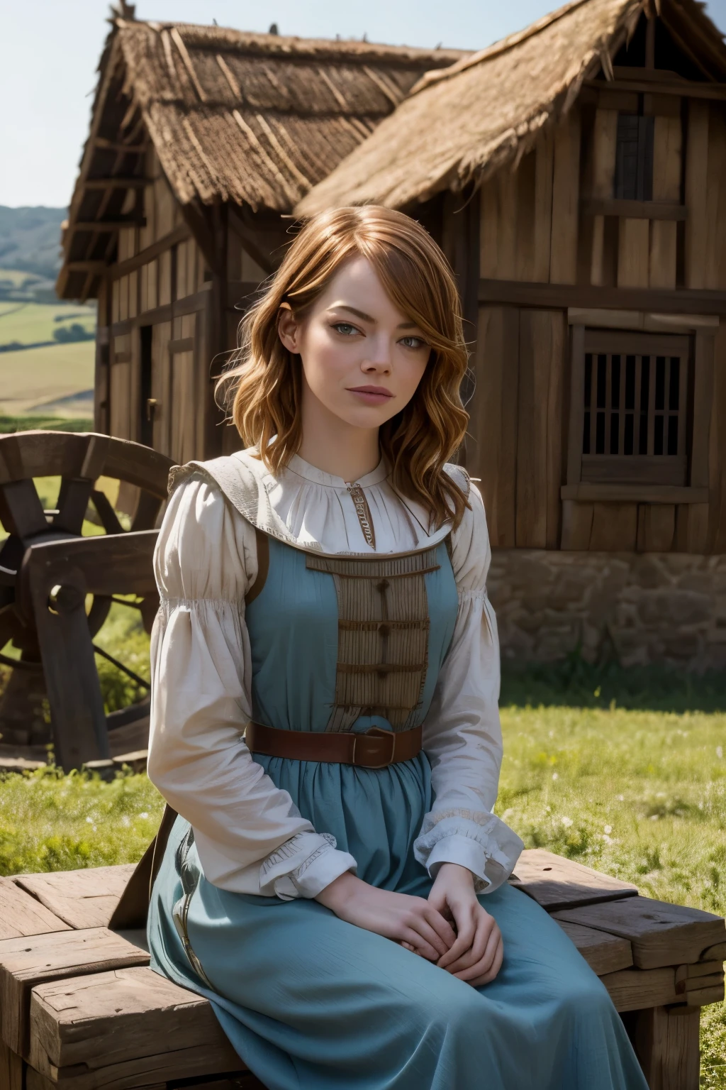 Emma Stone,Medieval period,campos de trigo, simples atrai, Sitting on a water wheel, cena de filme apaixonada e  descobrindo sua inocencia ,e pureza ,