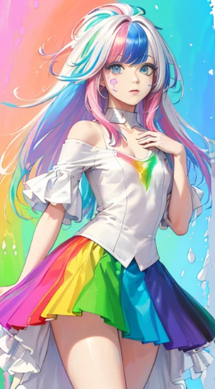 (Pink Fashion T-shirt:1.9),(Colorful hair: 1.8), (all the colours of the rainbow: 1.8),(((((vertical painting:1.6))), (painting:1.6),front, comics, illustrations, paintings, large eyes, crystal clear eyes,( rainbow color gradient high ponytail:1.7), exquisite makeup, closed mouth,(Small Fresh: 1.5),(Wipe Chest: 1.6) ,long eyelashes, white off shoulder T-shirt, White Shoulder Shirt large watery eyes, (rainbow colored hair:1.6), color splash, (solo:1.8), color splash, color explosion, thick paint style, messy lines, ((shining)),(colorful), (colorful), (colorful), colorful, Thick Paint Style, (Splash) (Color Splash), Vertical Painting, Upper Body, Paint Splash, Acrylic Pigment, Gradient, Paint, Highest Image Quality, Highest Quality, Masterpiece, Solo, Depth of Field, Face Paint, colorful clothes, (Elegant: 1.2), gorgeous,long hair, wind, (Elegant: 1.etals: 1.4),(((masterpiece))),(((best quality))),((ultra-detailed)),(illustration),(dynamic angle),(paint),((disheveled hair)),(solo),(1girl) , (((detailed anima face))),((beautiful detailed face)),collar,bare shoulders,white hair, ((colorful hair)),((streaked hair)),beautiful detailed eyes,(Gradient color eyes),(((colorful eyes))),(((colorful background))),(((high saturation))),(((surrounded by colorful splashes))), cute breasts, battle skirt, thighs