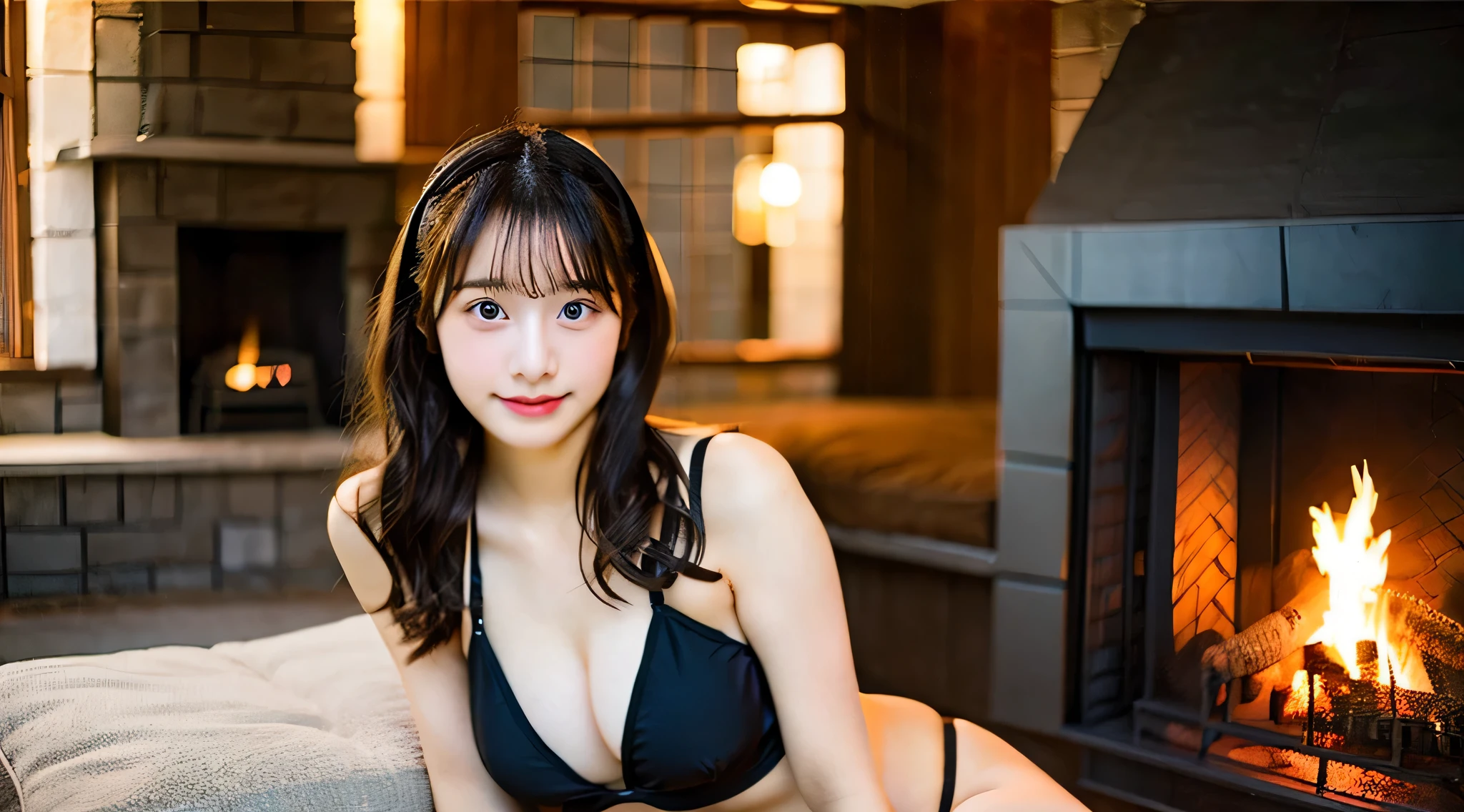 Cute high school girl, 18 years old, Wearing a black bikini、The background is a fireplace