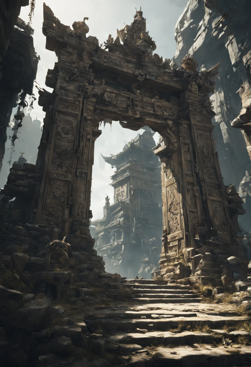 Mysterious Ancient Relics, by ashley wood, gate, ultra-wide-angle, octane render, enhance, intricate, (masterpiece, Representative work, official art, Professional, unity 8k wallpaper:1.3)