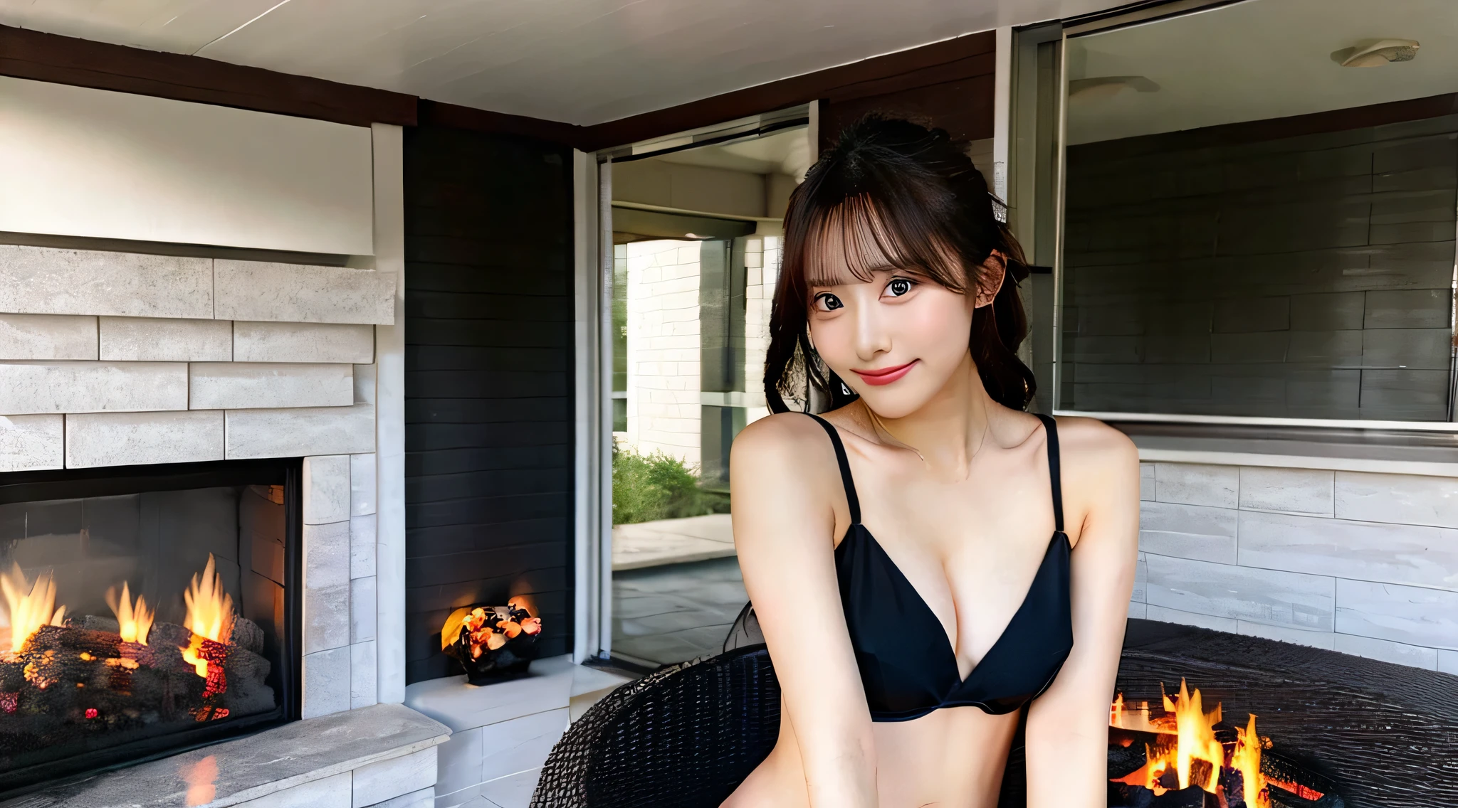Cute married woman 18 years old in black bikini、The background is a fireplace