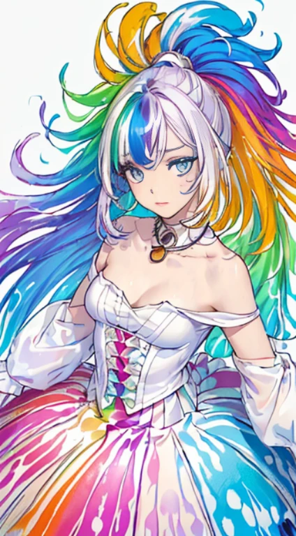 (Colorful hair: 1.8), (all the colours of the rainbow: 1.8),(((((vertical painting：1.6))), （painting：1.6），front, comics, illustrations, paintings, large eyes, crystal clear eyes,（ rainbow color gradient high ponytail：1.7）, exquisite makeup, closed mouth,(Small Fresh: 1.5),(Wipe Chest: 1.6) ，long eyelashes, white off shoulder T-shirt,  White Shoulder Shirt large watery eyes, (rainbow colored hair：1.6), color splash, （solo：1.8）, color splash, color explosion, thick paint style, messy lines, ((shining))，(colorful), (colorful), (colorful), colorful, Thick Paint Style, (Splash) (Color Splash), Vertical Painting, Upper Body, Paint Splash, Acrylic Pigment, Gradient, Paint, Highest Image Quality, Highest Quality, Masterpiece, Solo, Depth of Field, Face Paint,  colorful clothes, (Elegant: 1.2), gorgeous,long hair, wind, (Elegant: 1.etals: 1.4)，(((masterpiece))),(((best quality))),((ultra-detailed)),(illustration),(dynamic angle),(paint),((disheveled hair)),(solo),(1girl) , (((detailed anima face))),((beautiful detailed face)),collar,bare shoulders,white hair, ((colorful hair)),((streaked hair)),beautiful detailed eyes,(Gradient color eyes),(((colorful eyes))),(((colorful background))),(((high saturation))),(((surrounded by colorful splashes))), cute breasts, battle skirt, thighs