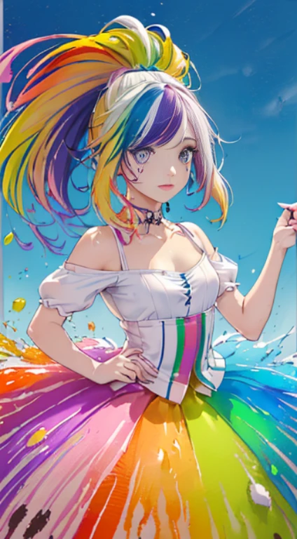 (Colorful hair: 1.8), (all the colours of the rainbow: 1.8),(((((vertical painting:1.6))), (painting:1.6),front, comics, illustrations, paintings, large eyes, crystal clear eyes,( rainbow color gradient high ponytail:1.7), exquisite makeup, closed mouth,(Small Fresh: 1.5),(Wipe Chest: 1.6) ,long eyelashes, white off shoulder T-shirt, White Shoulder Shirt large watery eyes, (rainbow colored hair:1.6), color splash, (solo:1.8), color splash, color explosion, thick paint style, messy lines, ((shining)),(colorful), (colorful), (colorful), colorful, Thick Paint Style, (Splash) (Color Splash), Vertical Painting, Upper Body, Paint Splash, Acrylic Pigment, Gradient, Paint, Highest Image Quality, Highest Quality, Masterpiece, Solo, Depth of Field, Face Paint, colorful clothes, (Elegant: 1.2), gorgeous,long hair, wind, (Elegant: 1.etals: 1.4),(((masterpiece))),(((best quality))),((ultra-detailed)),(illustration),(dynamic angle),(paint),((disheveled hair)),(solo),(1girl) , (((detailed anima face))),((beautiful detailed face)),collar,bare shoulders,white hair, ((colorful hair)),((streaked hair)),beautiful detailed eyes,(Gradient color eyes),(((colorful eyes))),(((colorful background))),(((high saturation))),(((surrounded by colorful splashes))), cute breasts, battle skirt, thighs