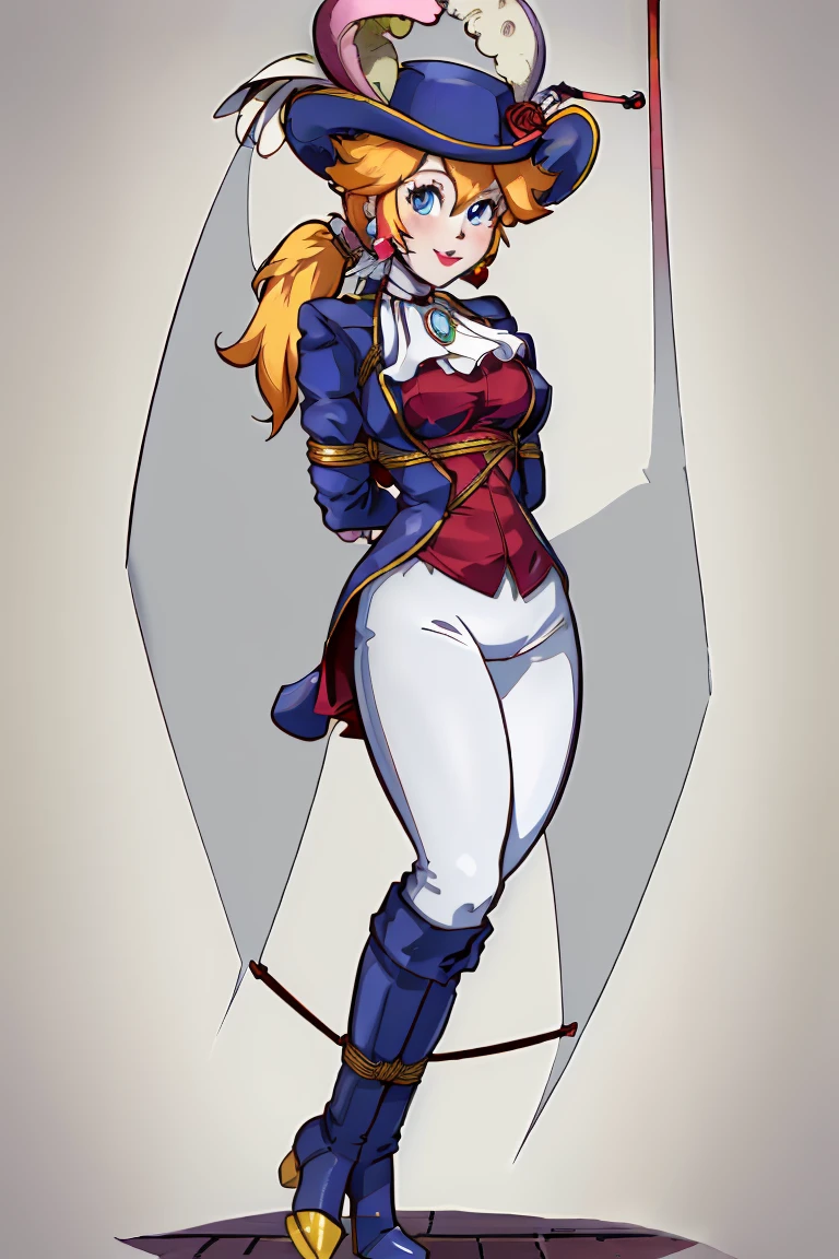 ((masterpiece,best quality)), absurdres, Swordfighter_Peach, solo, 1girl, hat, blonde hair, blue eyes, jewelry, earrings, long hair, rapier, hat feather, pants, ascot, red rose, hat flower, ponytail, tight white pants, white gloves, boots, blue jacket, long sleeves, smiling, looking at viewer, cowboy shot,  cinematic composition, (shibari, arms behind back:1.6), (full mask otn gag), (full body view, full body shot, standing)