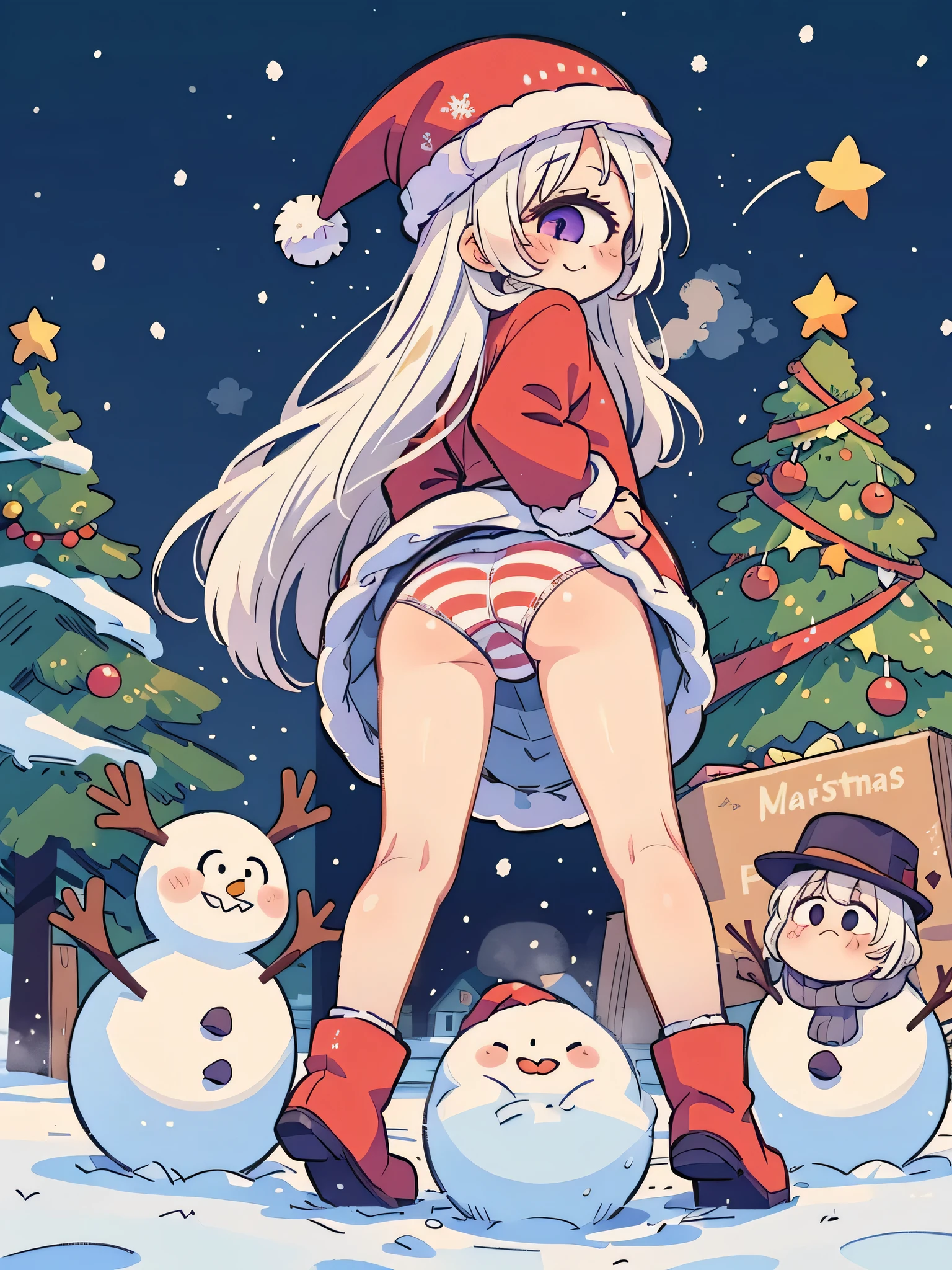 1girl, chibi, cute, cyclops, one-eyed, white hair, purple eyes, red and white striped panties, from behind, bending over, looking back, ass, posing, snow boots, winter hat, mittens, snowman, christmas tree, presents, snowing, outside, steaming body, heavy blush, soft smile