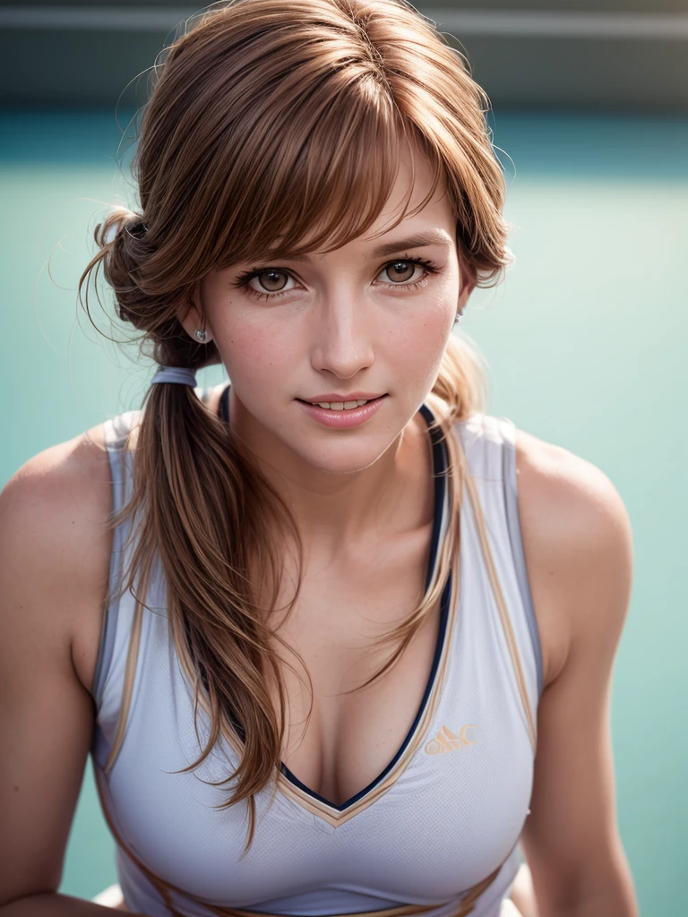Waist up cinematic portrait photoshoot of short pony tailed hair style, Beautiful Steffi Graf donning 80's Tennis costume, gentle sweet smile, bokeh, shallow depth of field, volumetric lighting, masterpiece professional photography, detailed face, insanely detailed and intricate scene