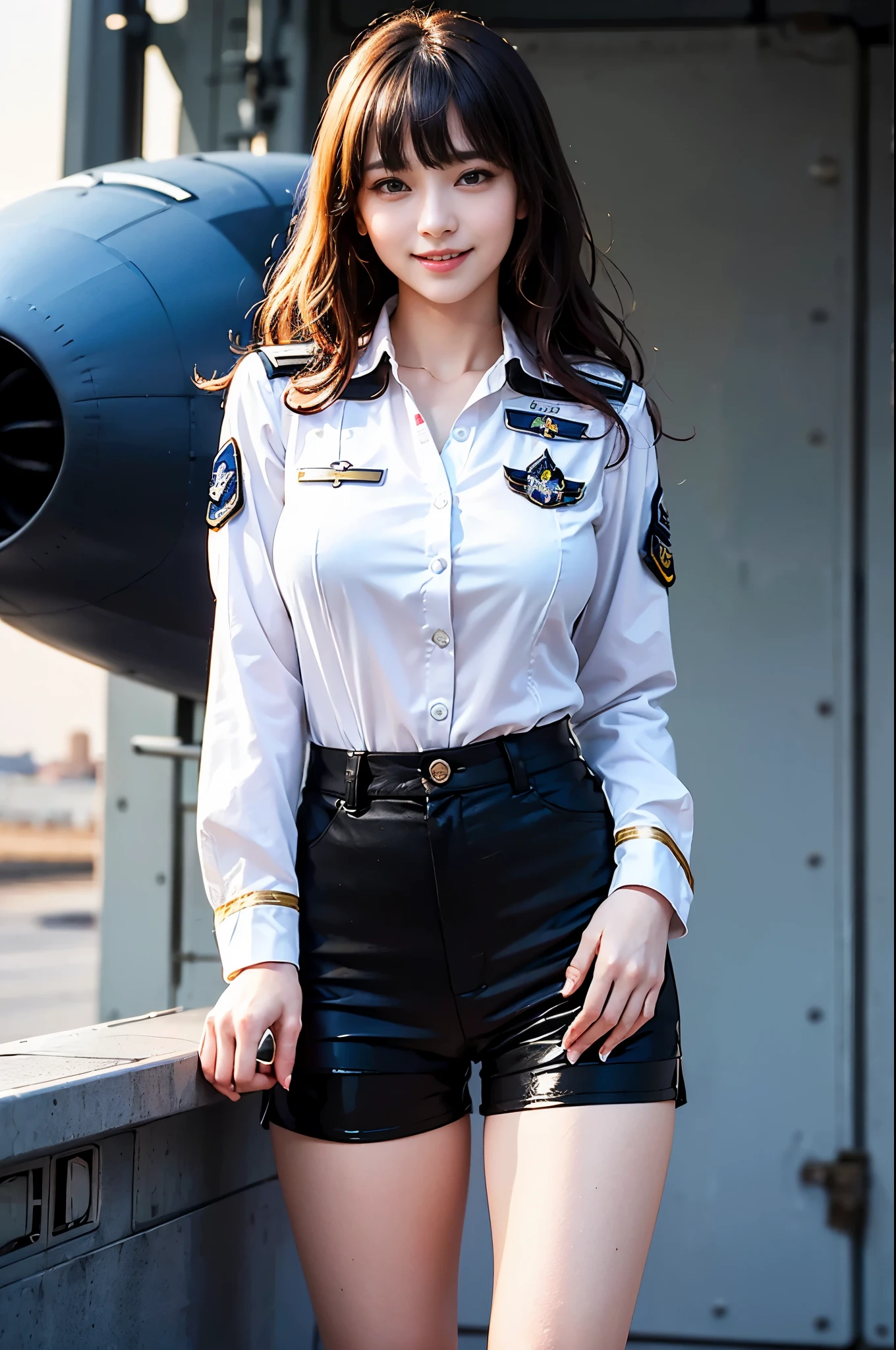 (Best quality, 8k, 32k, Masterpiece, UHD:1.2), (realistic:1.5), (masterpiece, Extremely detailed CG unity 8k wallpaper, best quality, highres:1.2), (ultra detailed, UHD:1.2), Photo of extremely cute and beautiful Japanese woman, (chestnut long wavy hair:1.2), adult, (detailed beautiful girl:1.4), best quality, woman, adult, (detailed US air-force pilot captain uniform:1.3), (white pilot captain shirt:1.3), (black high-waist shorts:1.3), (Beautiful sunset US air force base runway view background:1.2), embarrassed laughing:1, looking at viewer, facing the viewer, ((perfect female body)), (narrow waist:1.2), (upper body image:1.3), slender, abs, (large breasted:1.25), frame the head, wind, dynamic pose, cinematic light, back light, detailed clothes, perfect anatomy, perfect proportion, detailed human body, stylish model pose,