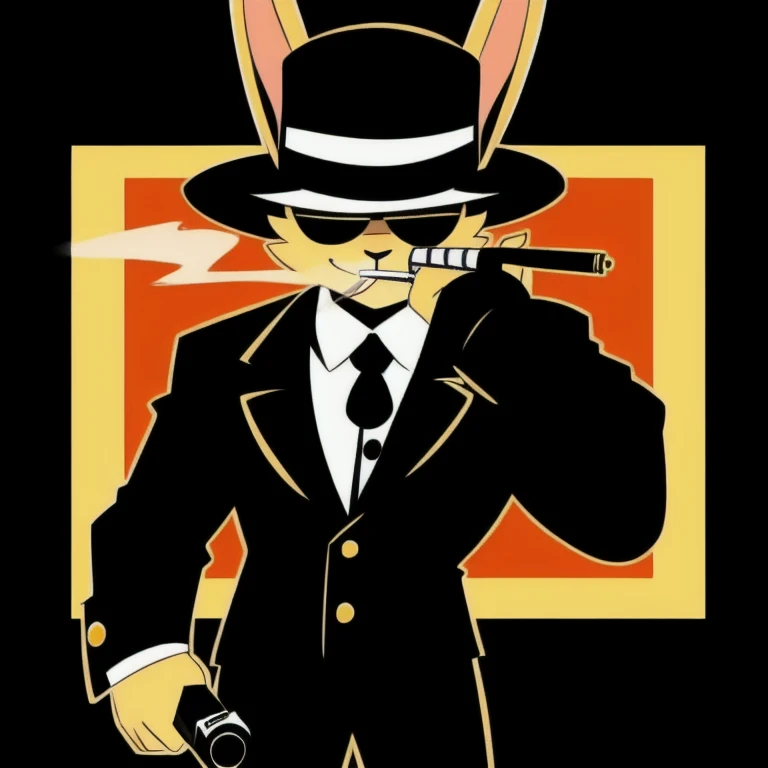 solo, male, rabbit, yellow colored fur, lean body, anthropomorphic rabbit, mafia outfit, mafia goon, holding revolver, smoking gun