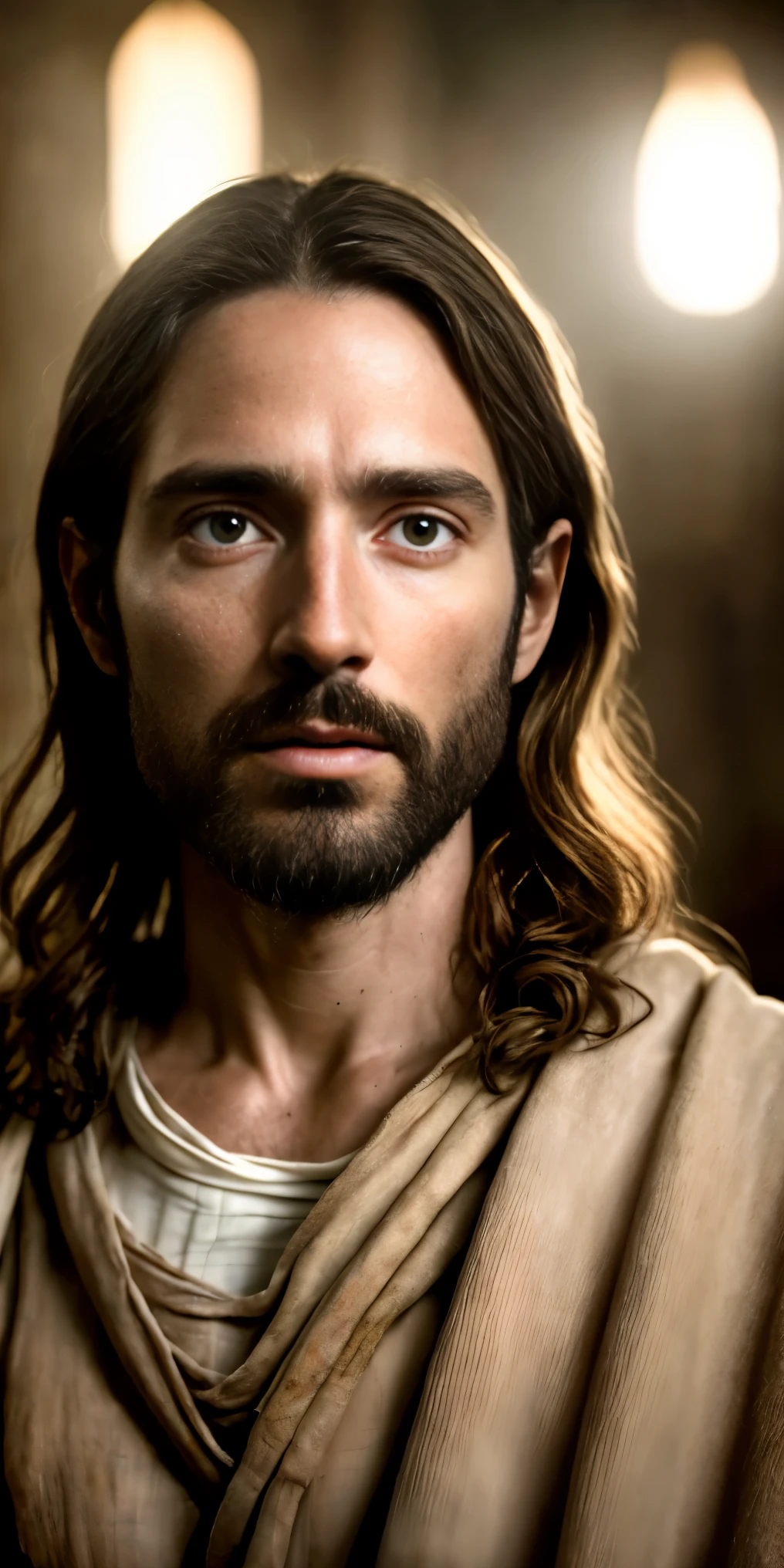 A realistic portrait of Jesus with realistic lighting,narrative style, portraying Jesus in a contemporary setting. The portrait should be highly realistic, photorealistic, and hyperrealistic, capturing every minute detail,UHD resolution,enhancing the overall visual impact of the image,natural lighting,soft colour,hyperrealism photo