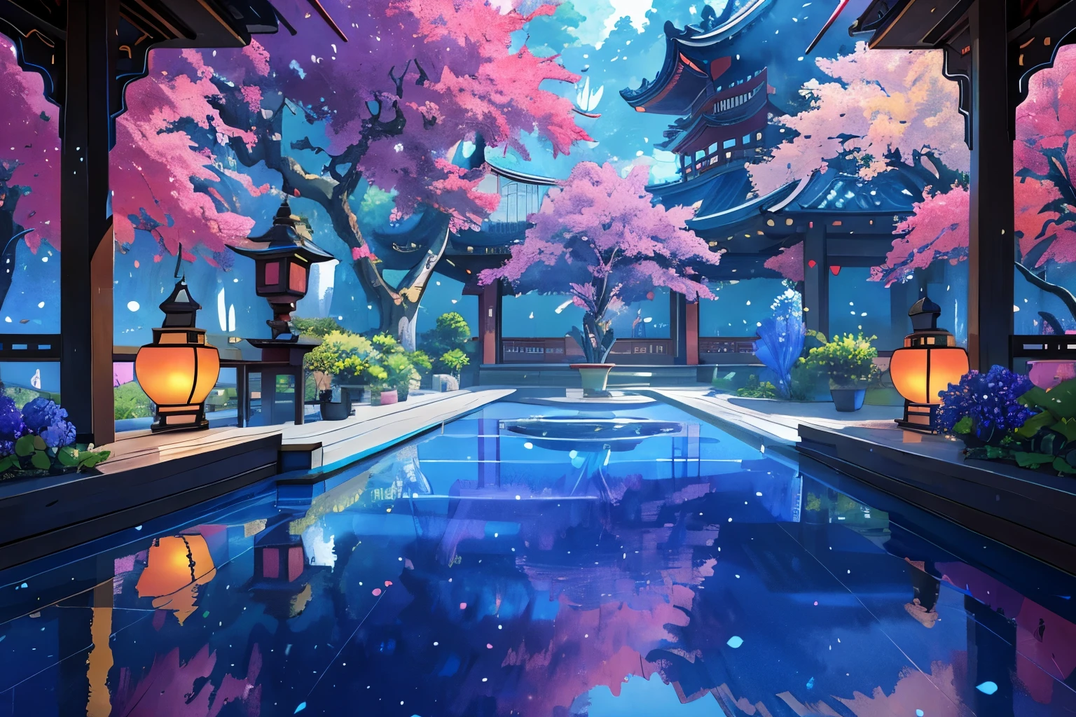 Immerse yourself in a (masterpiece, best quality, CGI:1.2) artwork that brings to life a fantastic vortex of colors in a vibrant magical realm, top quality, 8k, perfect lighting and composition, bloom, (gradients), evening, indoors, east asian architecture, reflective floor, wooden floor, human furniture, (intricate details:1.2), (glowing flora and fauna:1.2), creating a whimsical and enchanting atmosphere, (no humans:1.3), hatching (texture), courtyard in background, (blurry foreground:1.1), deep depth of field, floating particles