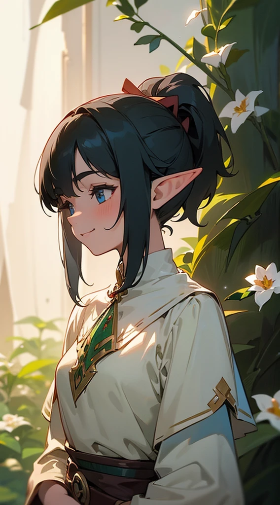 (masterpiece: 1.2, best quality), (1 lady, solo, upper body: 1.2),,tall girl, black hair tied in a ponytail,((Front view)) smiling appearance,a woman in a christmas elf costume posing for a photo, elf girl, elf girl, elf, burlesque elf, female elf, little elf, little tomboy elf, elves, an elf, a middle-aged elf, elf princess, elf , elf girl wearing a flower suit, wearing festive clothes, elven beauty, machine elf, an elf in a suit