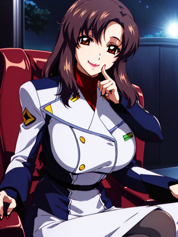 (Night:1.7),Space Battleship in Space,
Sitting on white_armchair,
Military uniform, Military,Jacket,Blue and white uniform,Skirt,
(Black_pantyhose:1.3), 
Bangs,brown_hair, long_hair,red Eyes,lip stick,makeup, 
1 girl,27yo,Female,Beautiful Finger,Beautiful long legs,Beautiful body,Beautiful Nose,Beautiful character design, perfect Eyes, perfect Face, Japanese,,
Looking at Viewer, (Innocent_Big_Eyes:1.0),enticing,embarrassed, Shy,lightsmile,
Official art,the Extremely Detailed CG Unity 8K Wallpapers, Perfect Lighting,Colorful, Bright_front_Face_light nastar piece:1.0),(best_quality:1.0), 超hight resolution,4K,Ultra-detailed,
Photography, 8K, nffsw, hight resolution, absurderes:1.2, Kodak Portra 400, Film grain, Blurry background, Bokeh:1.2, Lens Flare, (Vibrant_Color:1.2)
(Beautiful,Large_breasts:1.4), (Beautiful_Face:1.5),(narrow_waist),