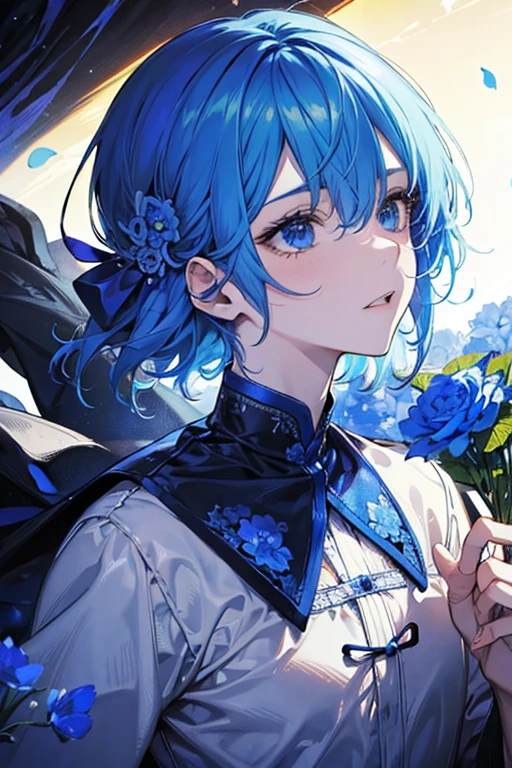 (masutepiece), (Best Quality), Highly detailed, 1 boy, Solo Focus,Perfect face, Beautiful face, extra detailed face,(Blue hair:1.3),(Shining blue eyes:1.4),(Opening Mouth:1.4),(a large number of blue flowers:1.3),(optic:1.4)