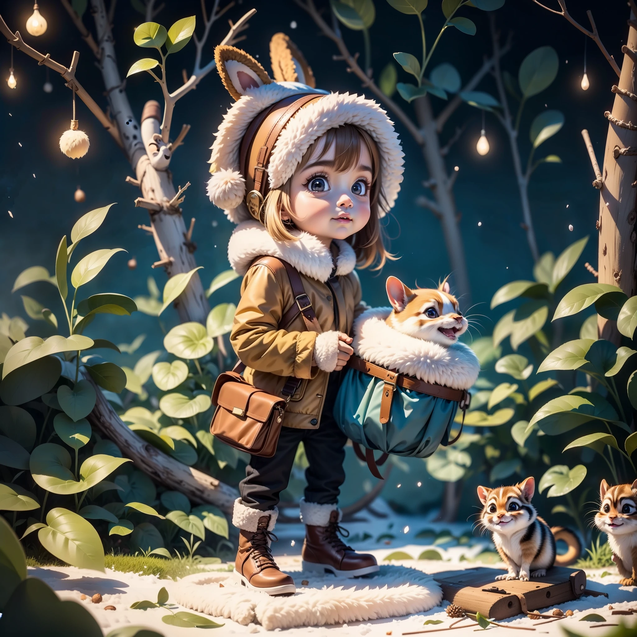 chestnut people an acorn figure and a chipmunk a young blond woman in winter clothing looking at camera with snow falling, beautiful digital artwork, realistic digital art 4 k, perfecteyes eyes, SAM YANG, 8k resolution