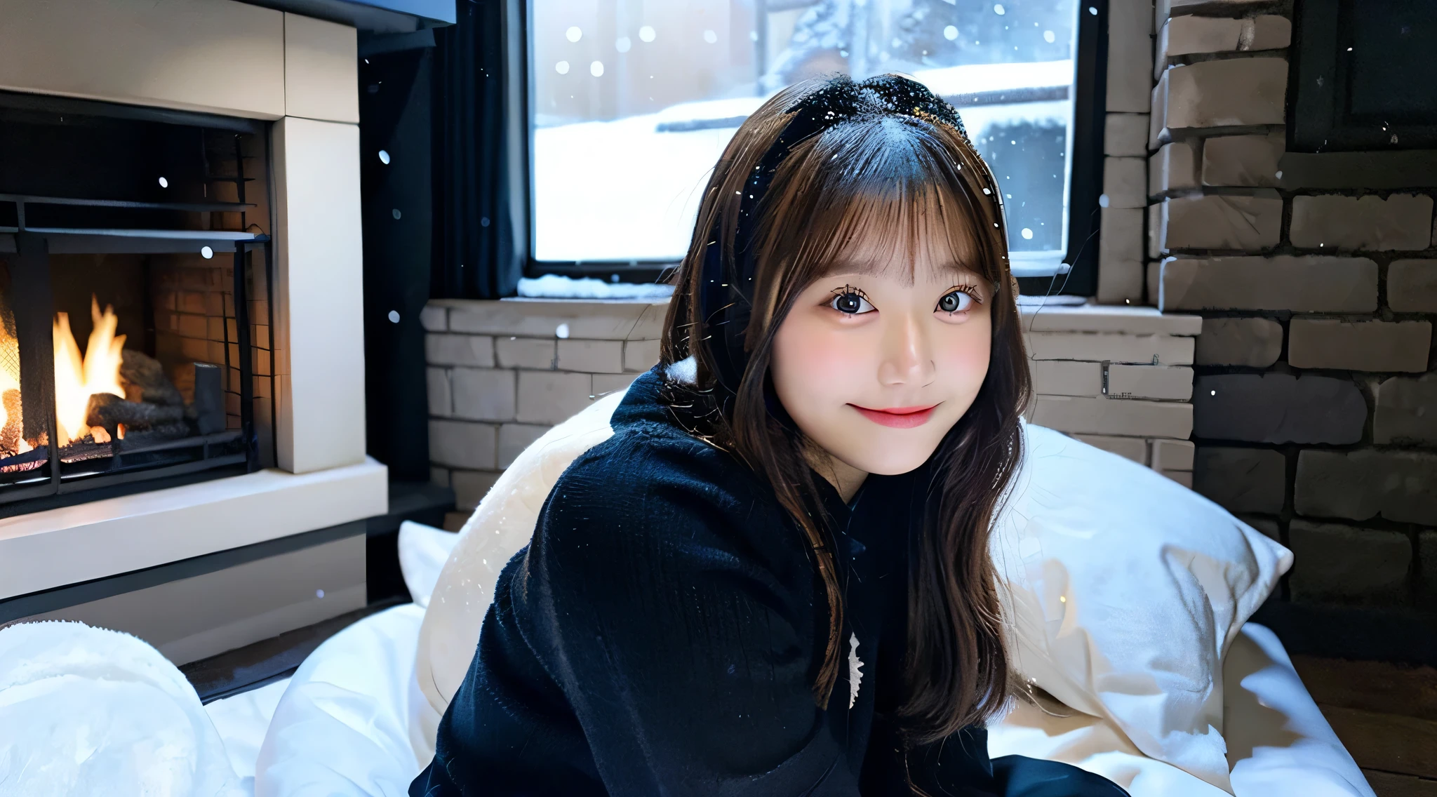 Cute College Girl, 18 years old, Wearing a black miniskirt、The background is a fireplace、Snow outside the window