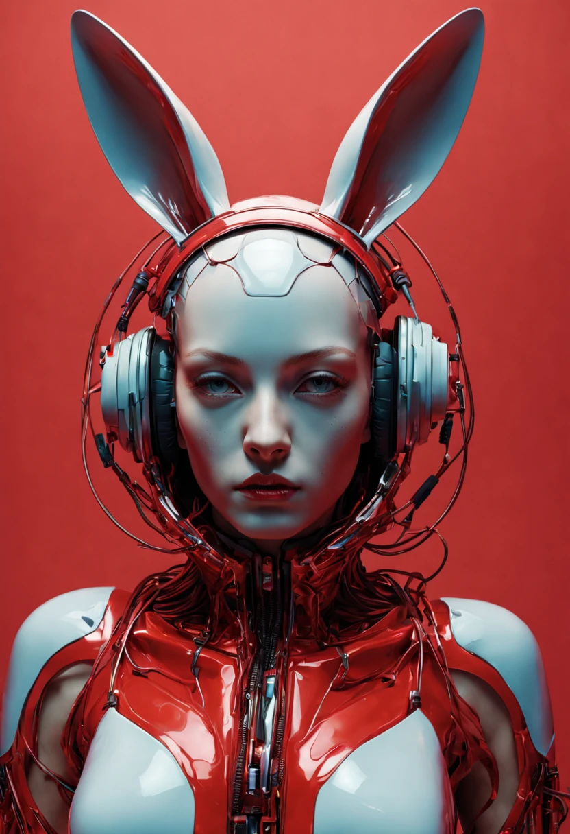 rfktrstyle Cyborg female hare, Kawaii cyborg rabbit, com rosto detalhado, Beautiful body, Glowing hair, Looking at the camera, breeze, neon strings, Messy wiring/cable wires, sci-fy, Futuristic, Highly detailed, Cinematic, Cyberpunk, highly detailed and intricate, rich deep color. sfv, raffael, Caravaggio, greg rutkovsky, beeple, beksinski, Red background, perfectly centred, neo-expressionist oil paint, centred, posing portrait by hajime sorayama, render style (3DMM_V12) 3DMM, slick bold design, clean glossy lines, digital illustration, gloss finish, aesthetic, impeccable detail, awesome visual impact, endowed with gloss finish, bathed in volumetric lighting, refined by hugh hefner, Add_Details_XL-fp16 algorithm, 4D octane rendering, infused with global illumination and precise line art, softened through macros, executed with V-Ray, epitome of visionary art, nuanced by elegant perfectionism and pop art consumerism, infused, aw0k euphoric style --niji 50--testp --chaos 50